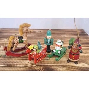 Lot X5 Vintage Wooden Christmas Ornaments Santa Sleigh Rocking Horse Nutcracker